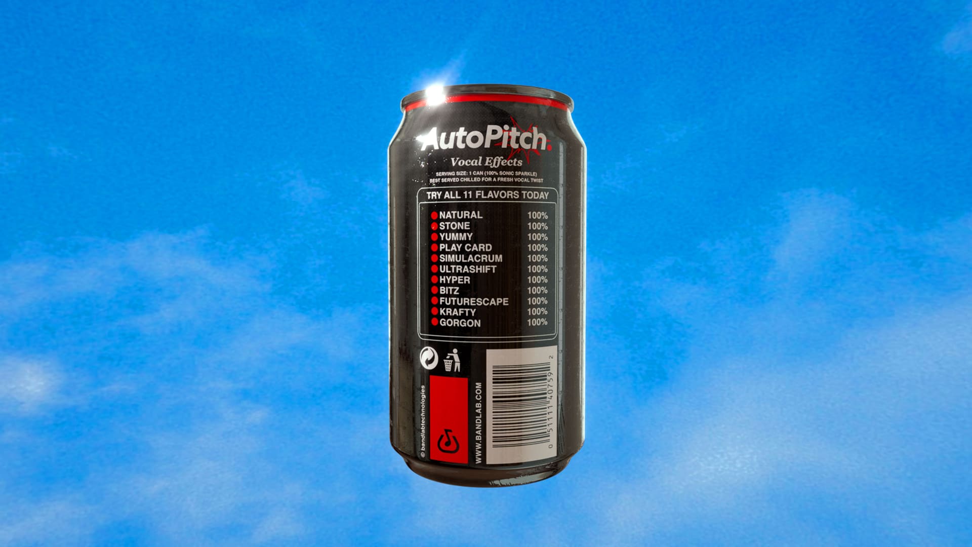 Back of the AutoPitch “Vocal Effects” can, listing its pitch-correction presets