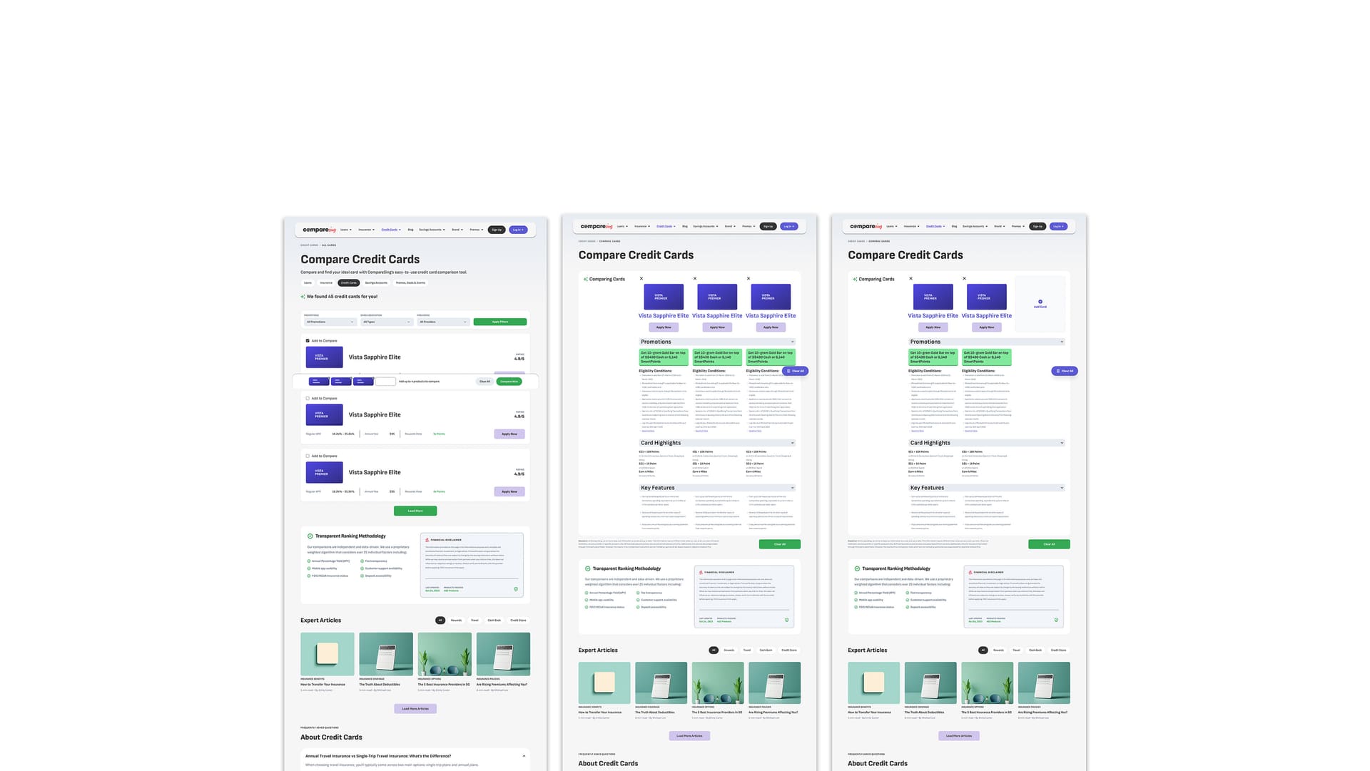 Three “Compare Credit Cards” page layouts: list view and side-by-side comparison