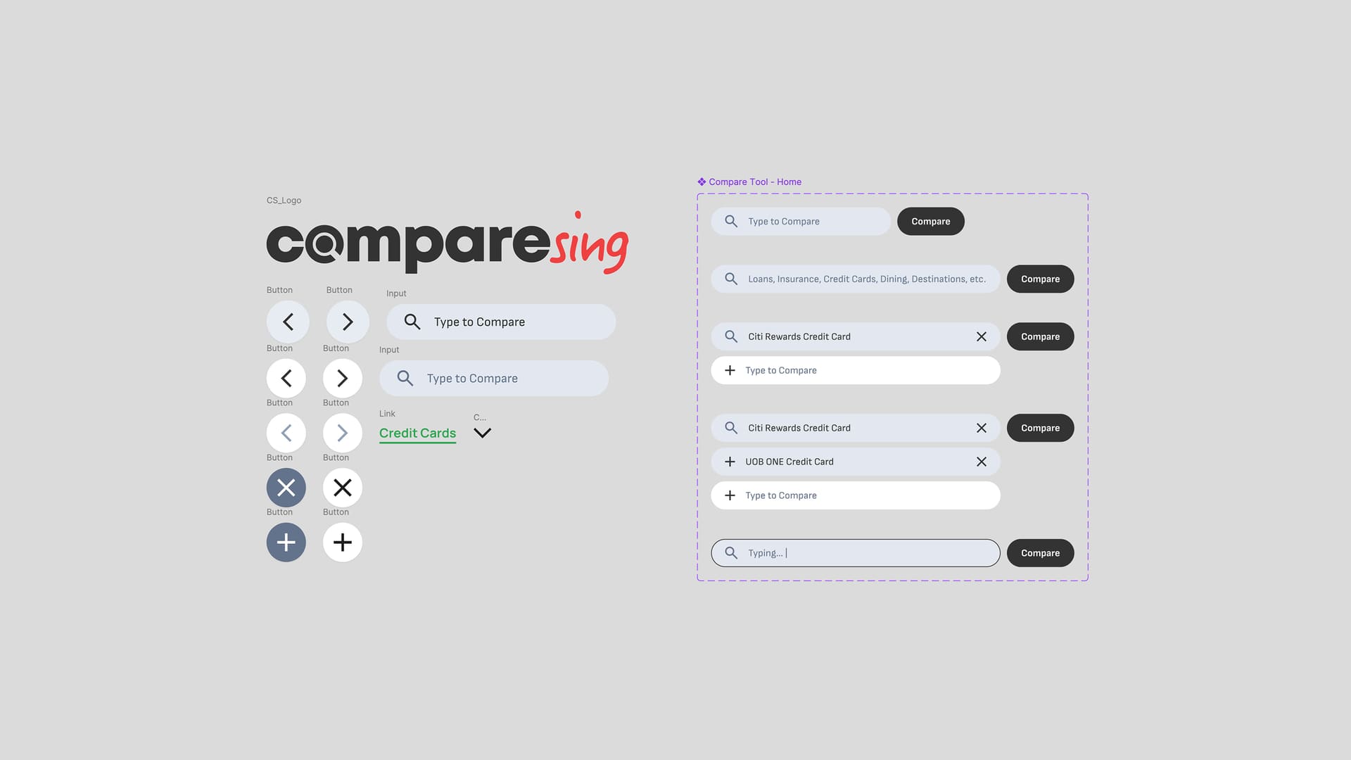 Design-system components: logo, arrow and close buttons, and the Compare search-field states
