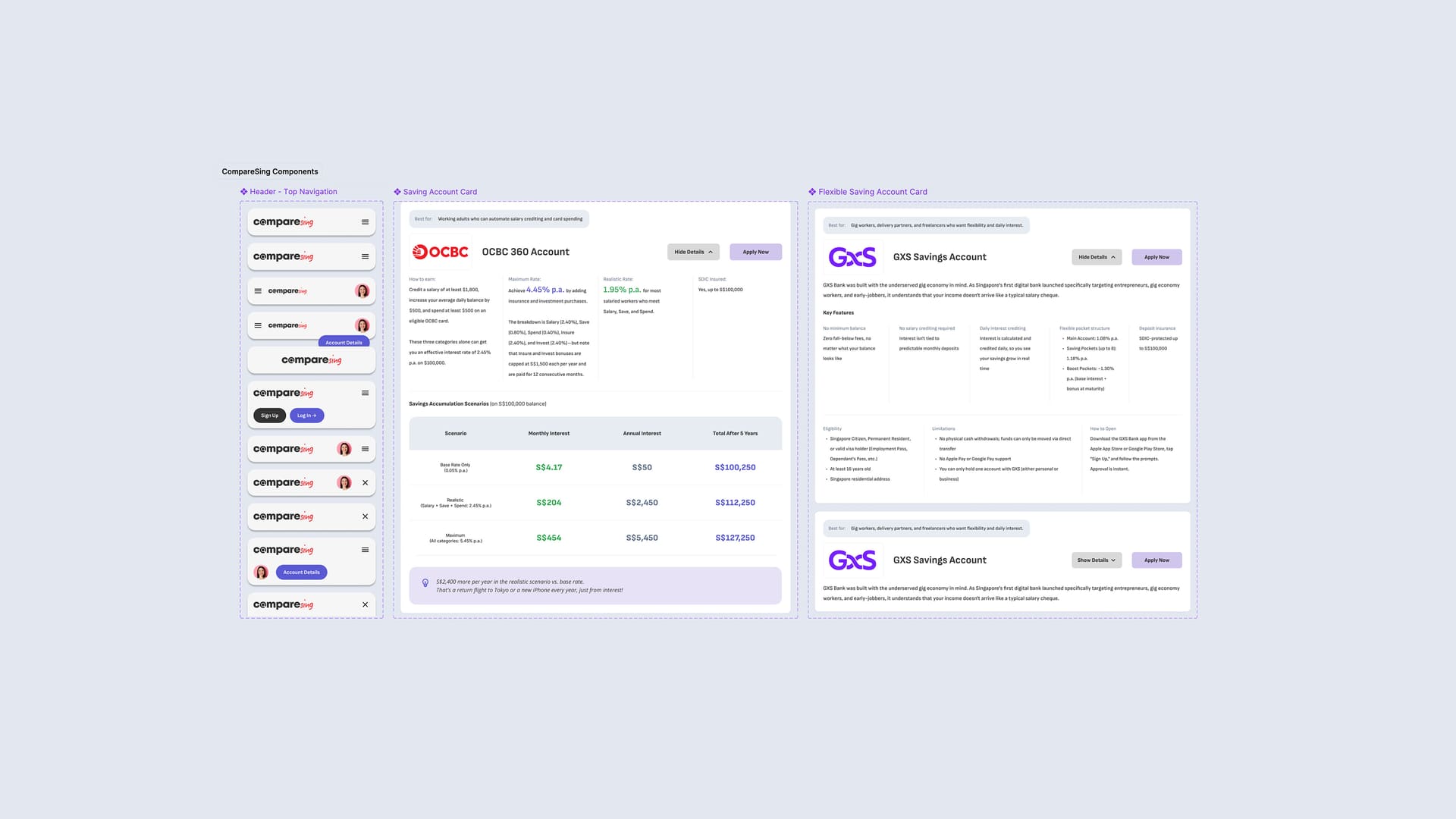 Design-system components: navigation headers and savings-account comparison cards