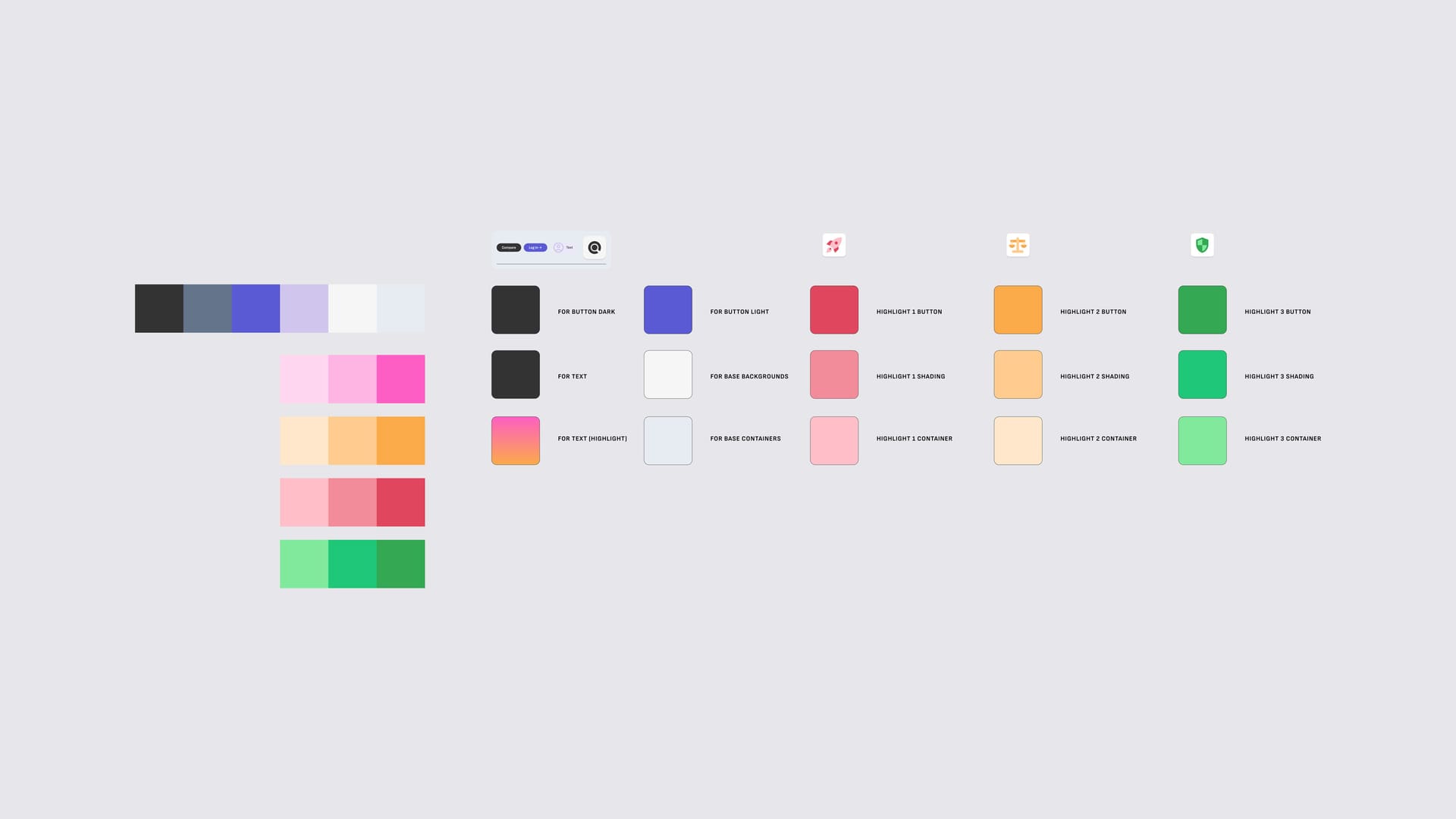 CompareSing colour palette: neutrals, indigo and pink, orange, red and green ramps