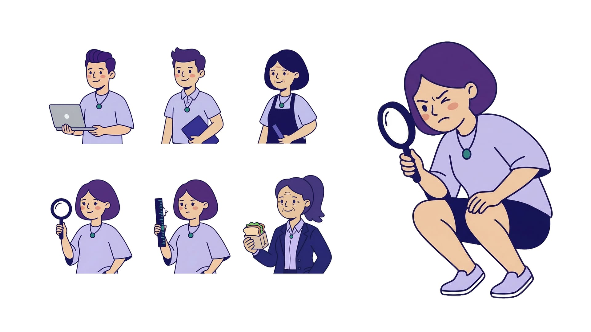 CompareSing character illustrations, including a figure crouching with a magnifying glass