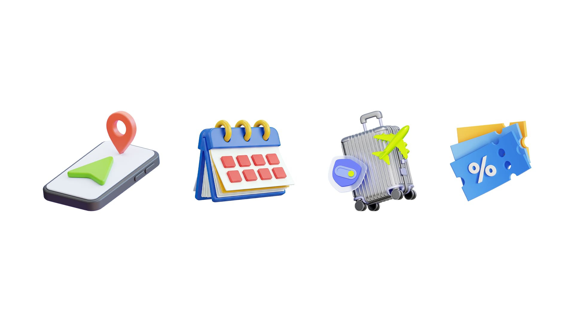 3D icons: map pin on a phone, calendar, suitcase with a plane and discount vouchers