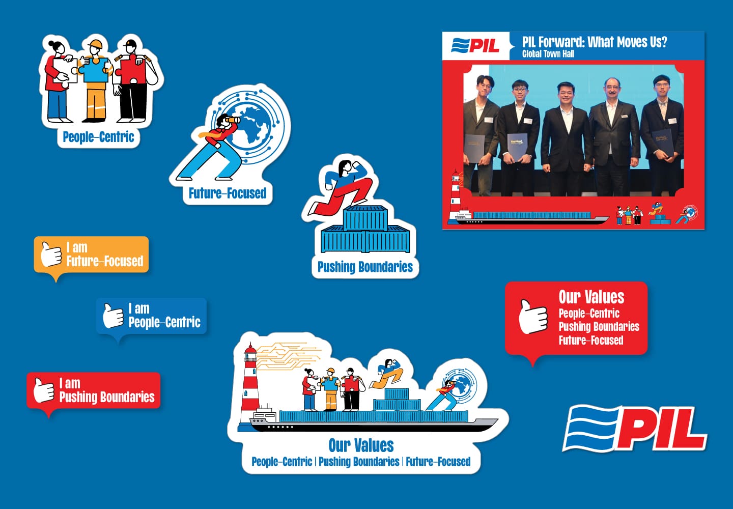 PIL values stickers and badges — People-Centric, Pushing Boundaries, Future-Focused