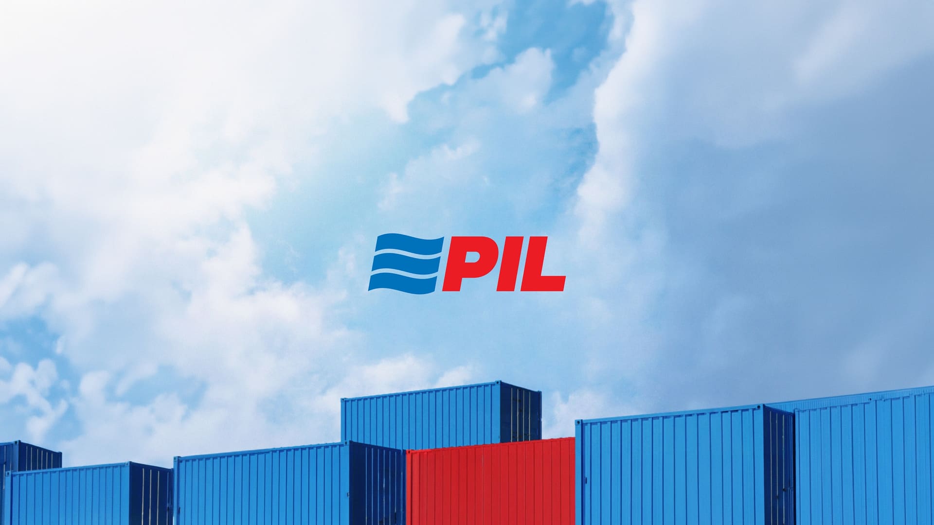 PIL logo above red and blue containers under a cloudy sky