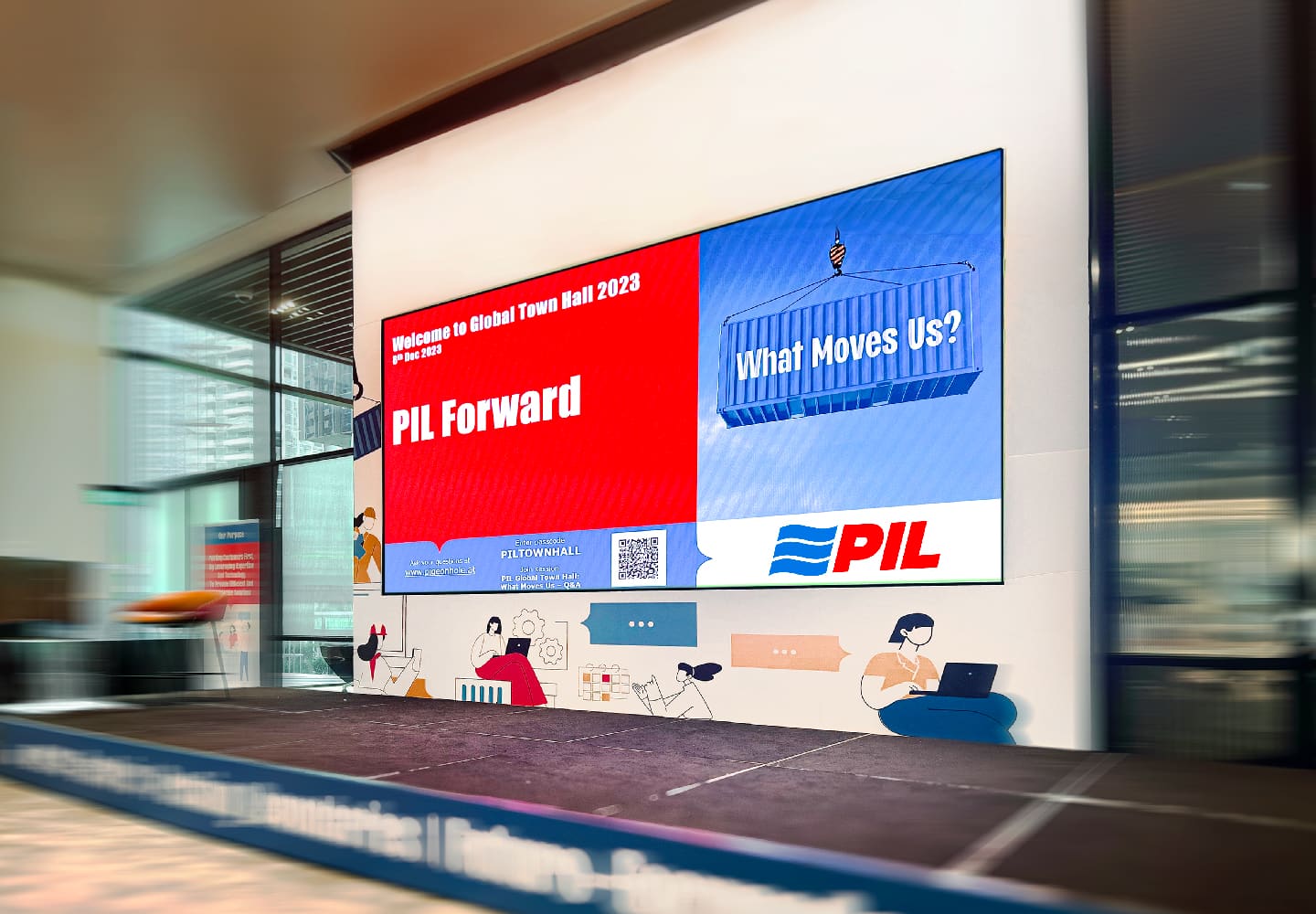 “PIL Forward” town hall on a large lobby screen