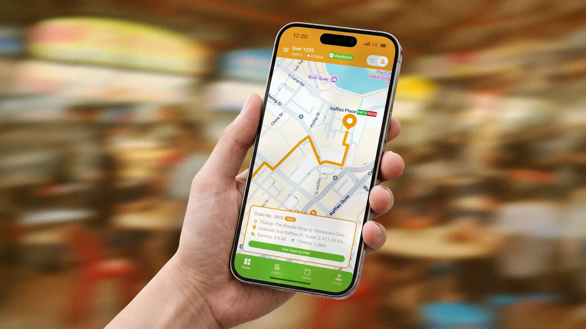 Hand holding a phone showing Send delivery tracking in a hawker centre