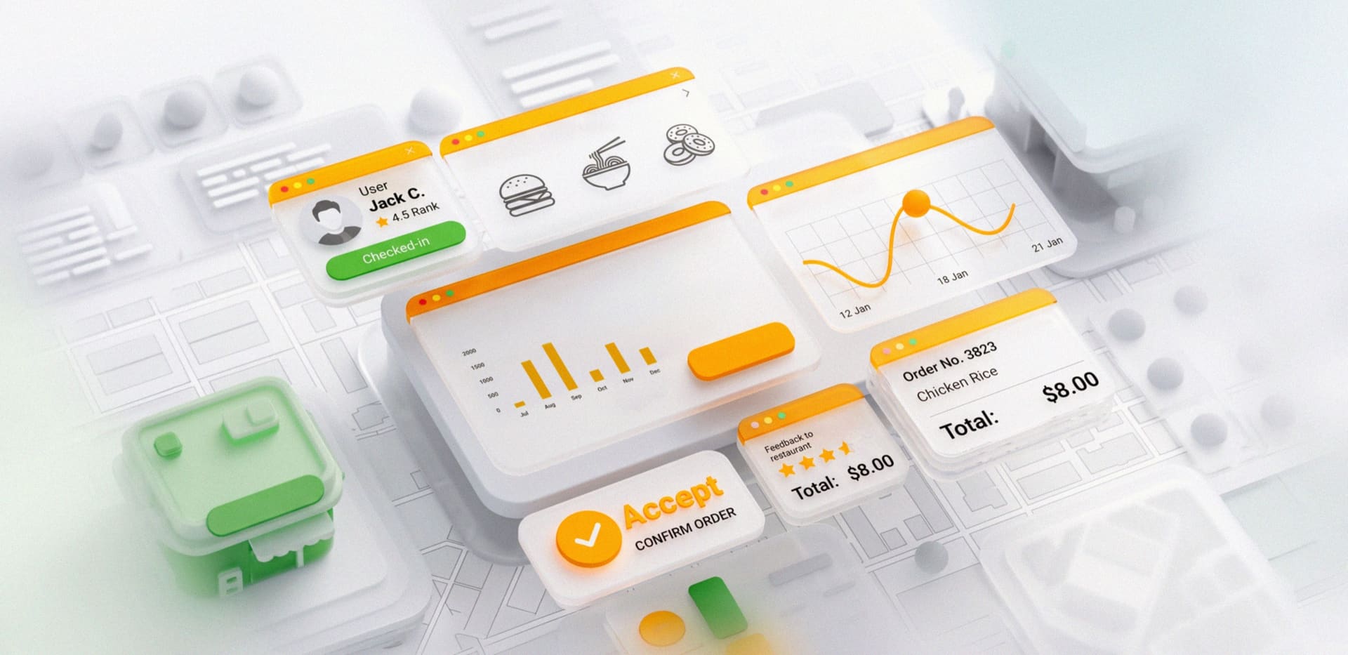 Send app interface cards — user check-in, menu, order and sales charts — floating over a 3D city map