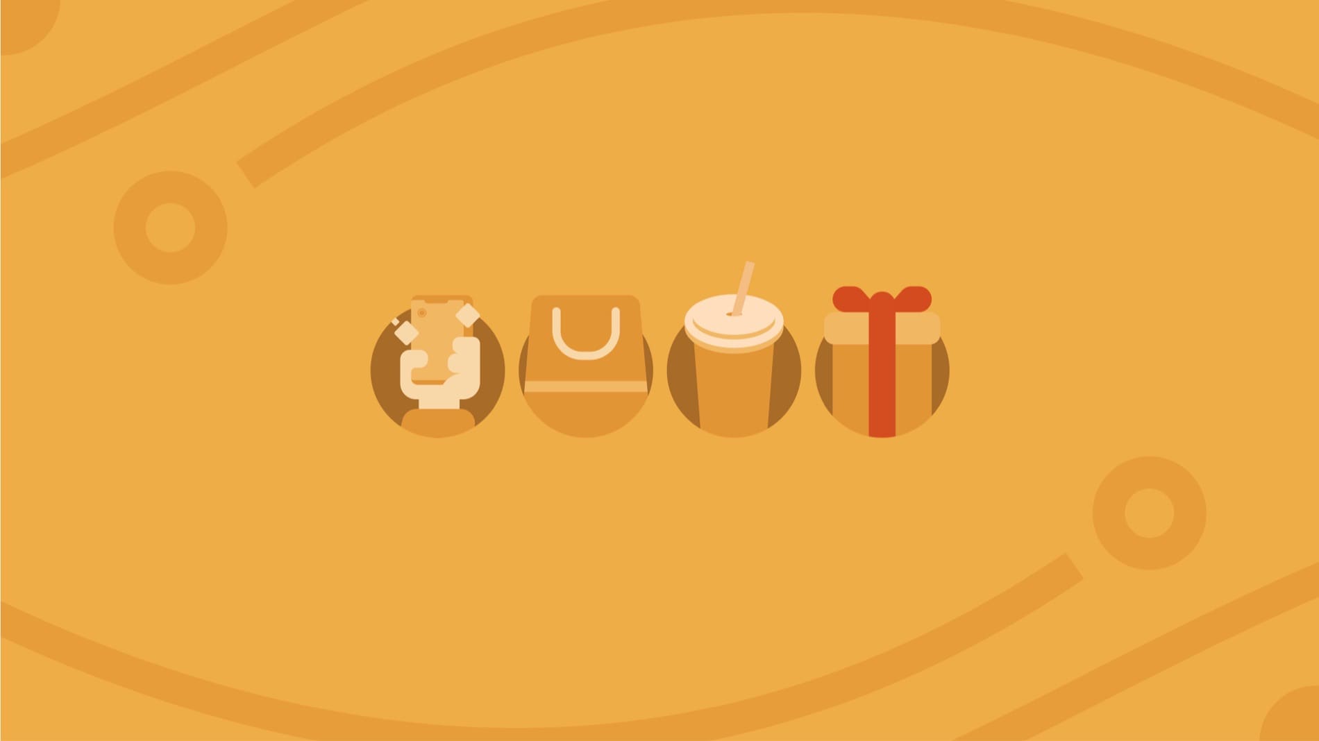 Send brand icons — food, shopping bag, drink and gift — on an orange pattern