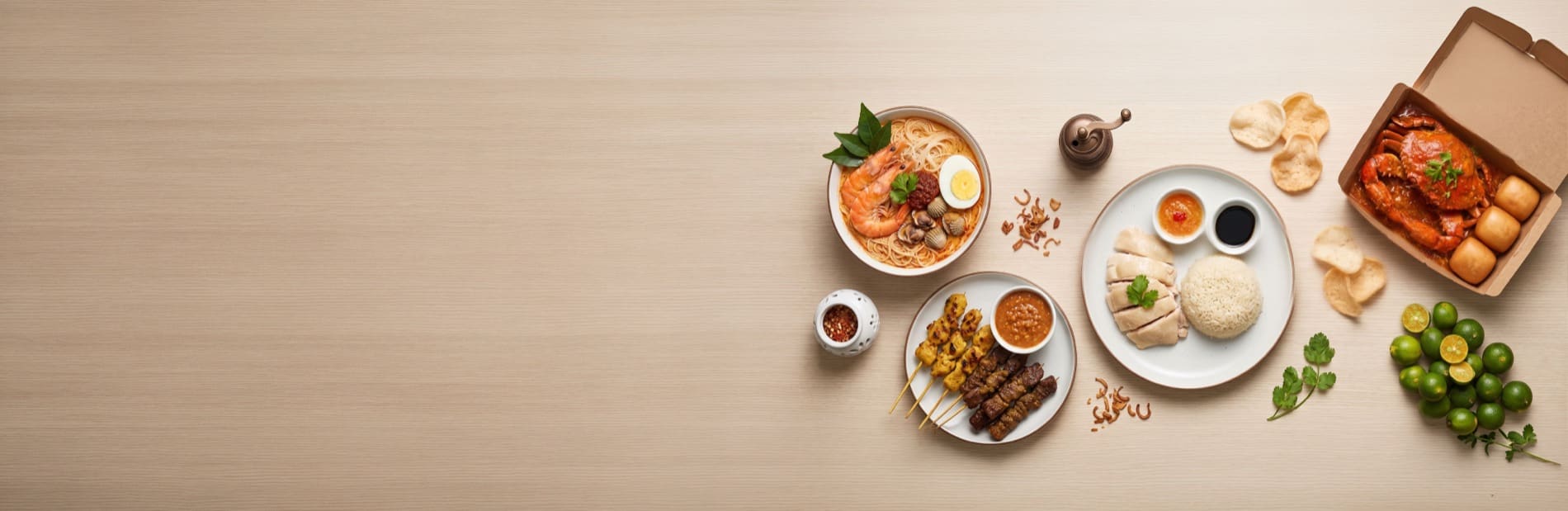 Overhead spread of local hawker dishes