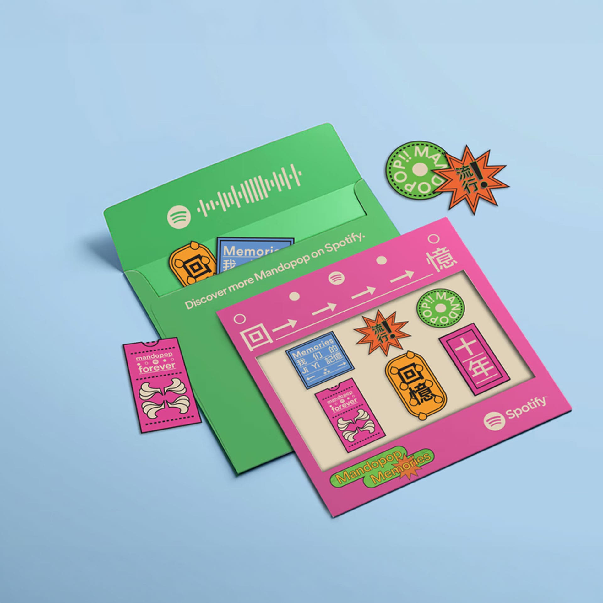 Mandopop Memories mailer with a Spotify code and sticker sheet